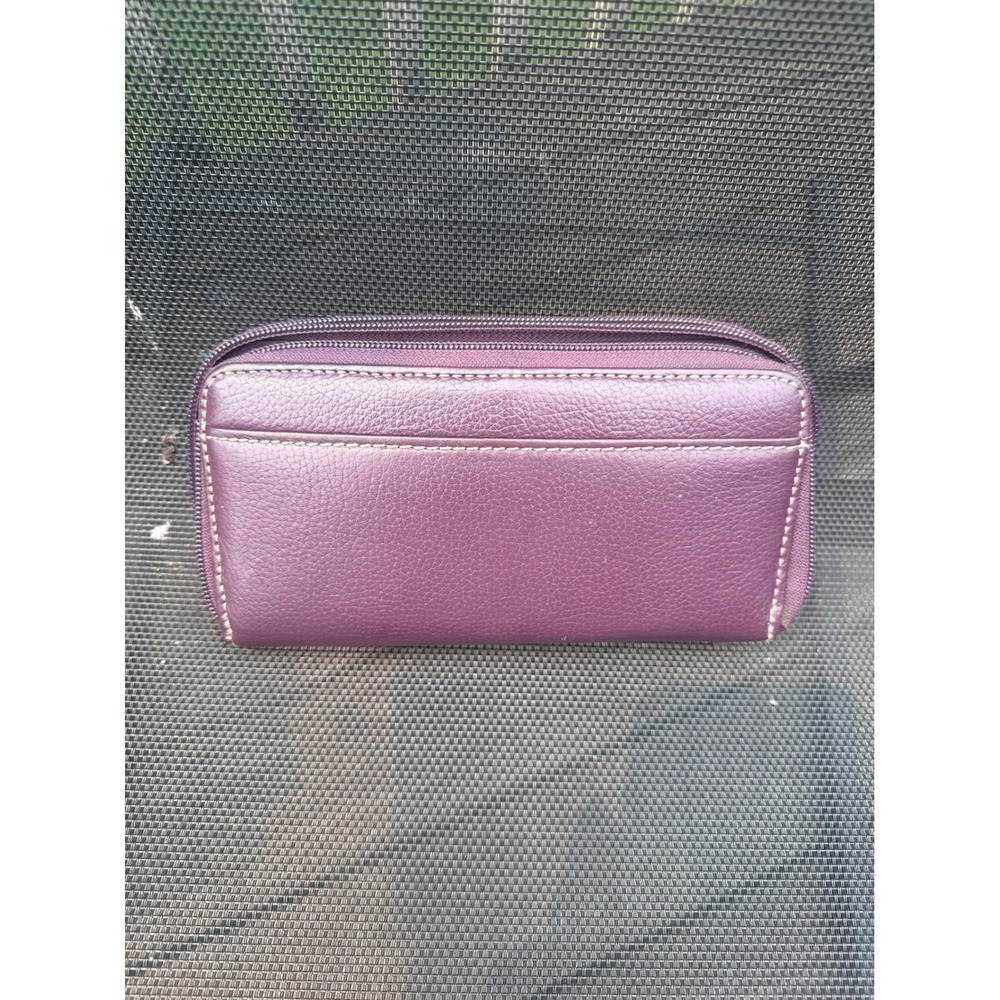 Genuine Leather Double Zip Accordion Wallet Plum Purple Multi Compartment